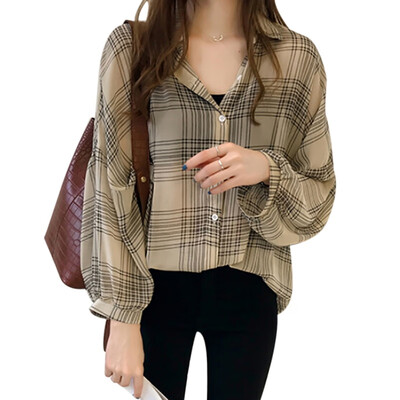 

2019 Autumn Chic Plaid Shirts Women Batwing Sleeve Chiffon Blouses Casual Chemise Femme Tops Plus Size Tartan Blusas Mujer -4XL