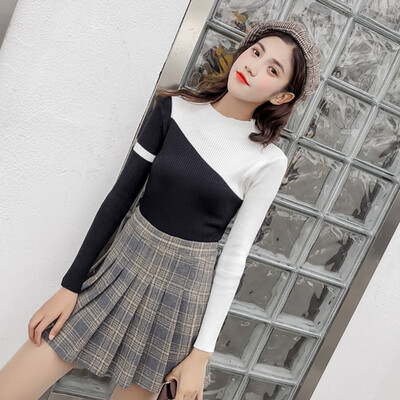 

Autumn Knitted Sweater Pullover Women Long Sleeve Slim Tops Round Neck Womens Geometric Patchwork Casual Sweater