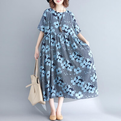 

Vintage Women Autumn Floral Print Cotton Linen Dress O Neck Short Sleeve Pocket Keyhole Button Plus Size Loose Dress