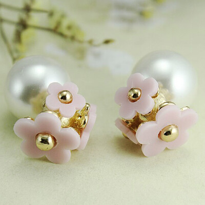 

Fashion simulated pearl ball Earrings flower hiphop two side Jewelry Earrings