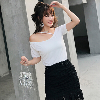 

Loose Casual Short T-Shirts Women One Shoulder Off Sexy Cotton T-Shirt Short Sleeve Summer Solid Tops Clothings