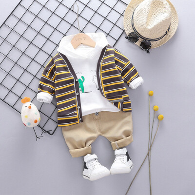 

New Autumn Fashion Casual Cactus Print Striped Boy Set Hoodie Pants Cardigan 3pcs Toddler Childrens Set 0-3T Baby Boy Clothes