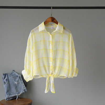 

6 New Women Blouse Plaid Printe Knotted Short Shirt Fashion Casual Lapel Long Sleeve Sunscreen Shirt Tops