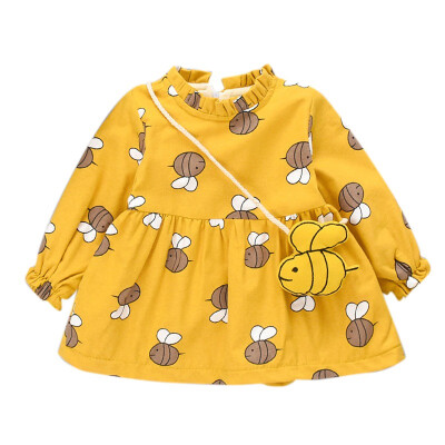 

Autumn Casual Toddler Baby Girls Long Sleeve Bee Print Dress Kids Princess Thicken Pageant Dresses With Bag