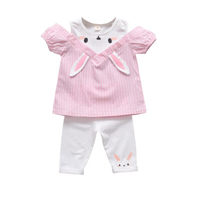 

Childrens Clothing Baby Girls Casual Off-shoulder Striped Animal Print T-shirt TopsShorts Suits Costume Summer Set