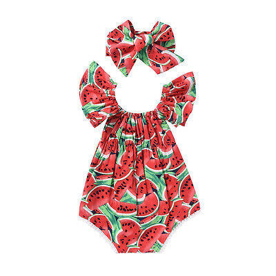 

2017 Cute Newborn Baby Girls Watermelon Romper BodysuitHeadband Clothes Sunsuit