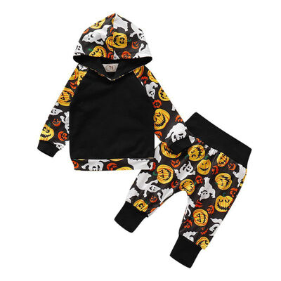 

Autumn Baby Boy Girl Halloween Long Sleeve Pumpkin Print T-shirt Pants Hat Outfits Bodysuit