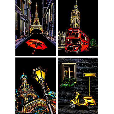 

DIY Scratching Painting Postcard Night Scenes Scratching Classical City Sign Greeting Cards Scraper Tools Birthday Gift