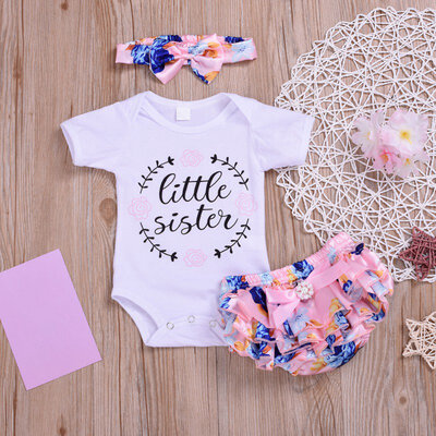 

Summer Baby Girl Casual Short Sleeve Letter Print Cotton Romper Tops Floral Pattern Briefs Shorts With Headband Outfits Set