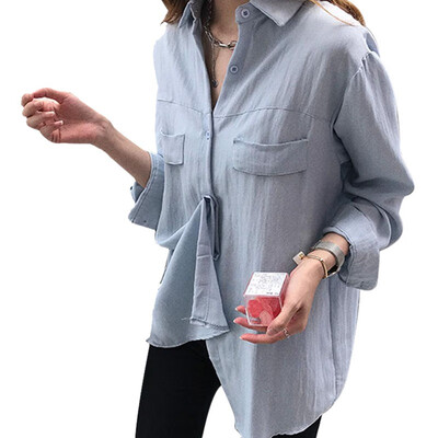 

Womens Long Sleeve Button Down Pockets Solid Turn Down Collar Loose Chic Blouse Casual Office Ladies Tops Female