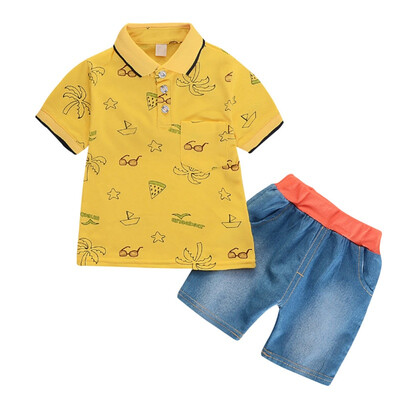 

Childrens Cute Leaf Glasses Print Lapel ShortT-shirt TopsDenim Shorts 2PCS Outfits Kids Suits Sleeve Shorts Suit