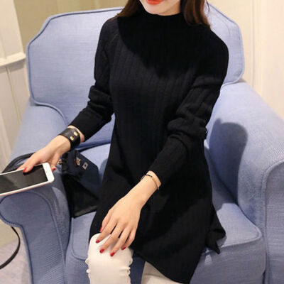 

Autumn Winter Women Mid-long Sweater Ladies Pullover Sweater Solid Color Base Knit Split Dress
