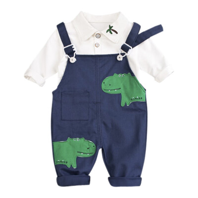 

Baby Boy Clothes Kids Solid Color Shirts&Cartoon Dinosaur Print Strap Pants Autumn 2 pc Childrens Sets