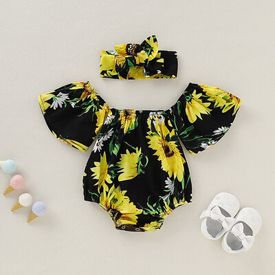 

High Quality Summer Baby Girl Cotton Casual Jumpsuits Sunflower Printing Rompers Kids Toddler Bodysuits