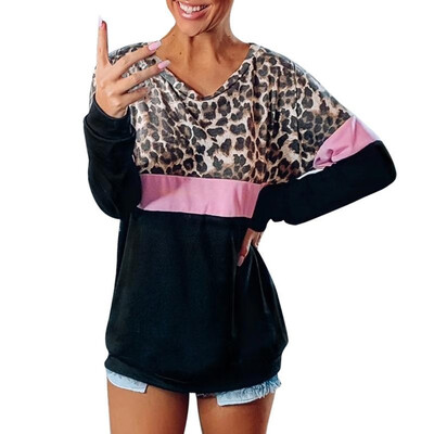 

Fashion Women Autumn Leopard Print Splicing T-Shirt O Neck Long Sleeve Streetwear Casual Top