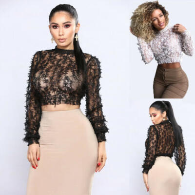 

US Women See through Mesh Sheer Long Sleeve Bow Knot Crop Top T-shirt Blouse