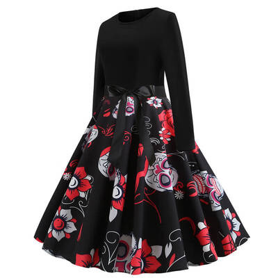 

Halloween Print Long Sleeve Crew Neck Dress vestidos de verano High Waist Floral Skull Printed Skirt Vintage Dress