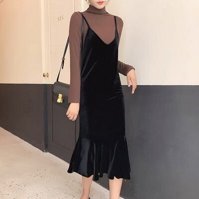 

Autumn Winter Dress Vintage Velvet Casual V-neck Elegant Black Sleeveless Female Long Party Vestidos