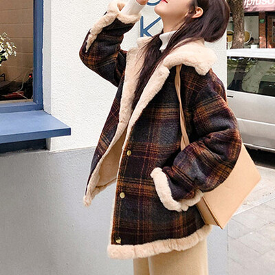 

Toponeto Fashion Women Outwear Plaid Patchwork Thickening Coat Plush Jacket Overcoat