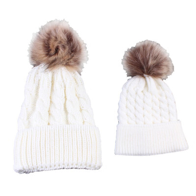 

2Pcs Cute Women Mother Baby Parent-child Hats Kids Boys Girls Knitted Crochet Warm Winter Knit Fur Hook Pompon Winter Caps