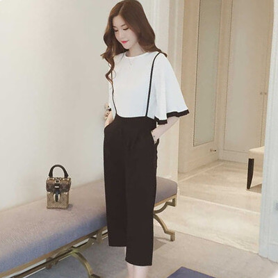 

Summer Fashion Butterfly Sleeve O-Neck Top And Overalls Set 2 Piece Set Women New Shirt Solid Color Trousers Two Piece Set