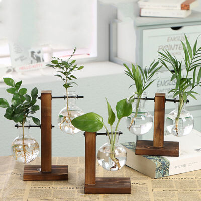 

Simple Creative Hydroponic Wood Frame Small Vase Retro Vase Simple Indoor Vase Flower Pot with Wooden Tray Home Decor