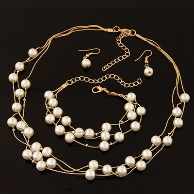 

Imitation Pearl Earring Necklace Bracelet Set Simulated Pearl Double Layer Women