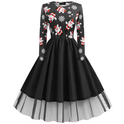 

Christmas Santa Snowflake Printed Xmas A-Line Oversize Dresses Casual Slim Waist Lace Stitching Evening Party