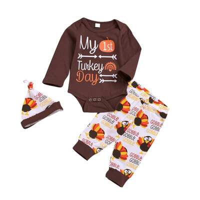 

Autumn Casual Baby Boy Printing Rompers And Trousers And Hat Kids 3Pcs Thanksgiving holidayOutfit Set