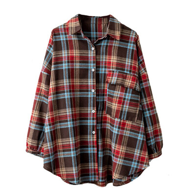 

Vintage Plaid Women Blouses Long Sleeve Shirts New Autumn Casual Loose Pocker Femme Tops