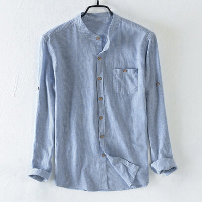 

Toponeto Mens Baggy Cotton Breathable Striped Button Pocket Plus Size Long Sleeve Shirts