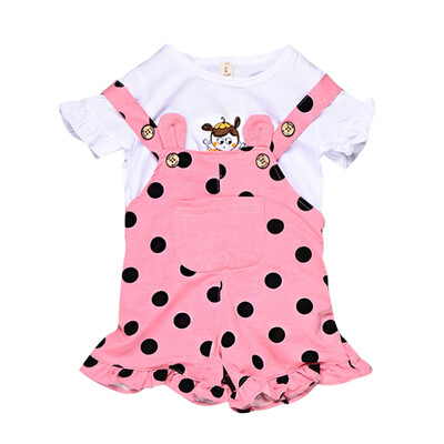 

Toddler Newborn Girl Clothes Autumn Outfits Flare Sleeve Cartoon T-shirt TopsStrap Dot Print Shorts Casual Sets