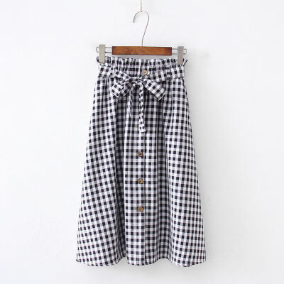 

Sweet Button Plaid Print Bow Lace Up Skirt Women Vintage Literary Style Elastic High Waist Wild A Word Long Skirt Womens