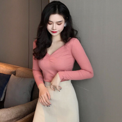 

Fashion V Neck Sexy T Shirt Women Pleat Solid Color Tshirt Slim Long Sleeve T-shirt Casual Simple Wild T-Shirt Tops
