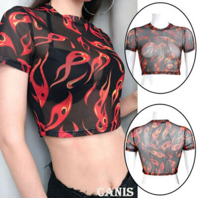 

Women Sheer Mesh Flame Print Short Sleeve See Through Crop Top T-Shirt Blouse US