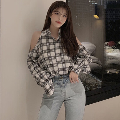 

Autumn Women Plaid Shirt Long Sleeve Off Shoulder Sexy Chiffon Blouse Turn-down Collar Harajuku Korean Tops Fall Clothes