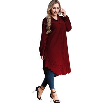 

Women Plus Size Shirt Dress Burning Flowers Hollow Out Irregular Hem Belted Casual Tunic Long Blouse Top
