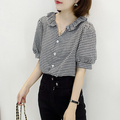 

Women Button Plaid Shirt Short Sleeve Casual Tops Fashion All-match Shirt