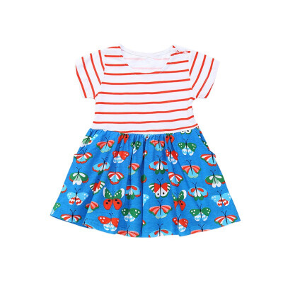 

Casual Baby Girls Dresses Children Clothing Stripe Print Patchwork Princess Dress Cotton Kids Toddler Short Sleeve Sundress