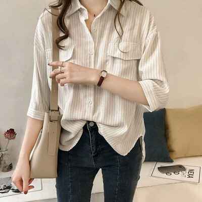 

2019 Autumn Striped Shirts Women Blouses Casual Long Sleeve Pocket Female Blouse Tops