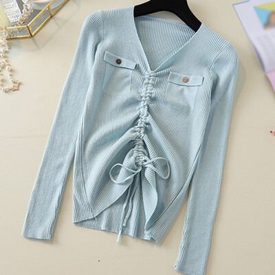 

Sweet Drawstring Women Sweater Summer Autumn New Simple Solid Color Sweater Fashion V-Neck Loose Long Sleeve Sweater Tops