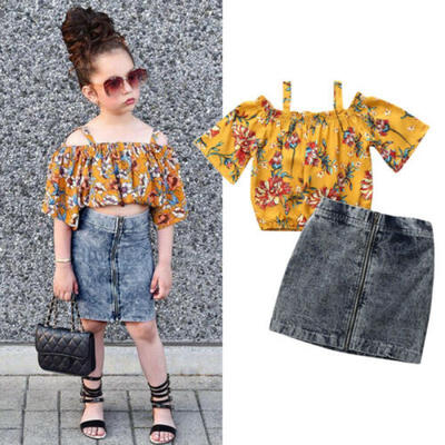 

US Kids Baby Girl Toddler T-shirt Top Denim A-Line Skirt Casual 2pcs Set Clothes