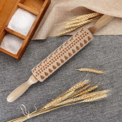 

Gobestart Christmas Rolling Pin Engraved Carved Wood Embossed Rolling Pin Kitchen Tool