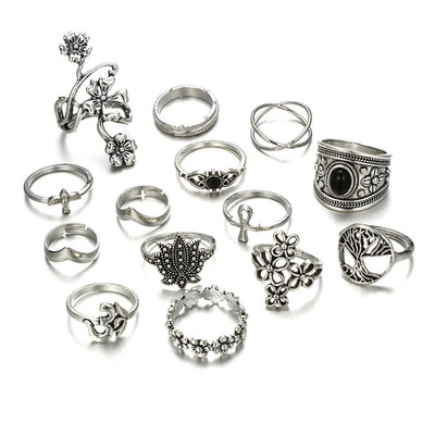 

Bohemian Geometric Crystal Midi Rings Vintage 14 PcsSet Silver Color Rings For Women