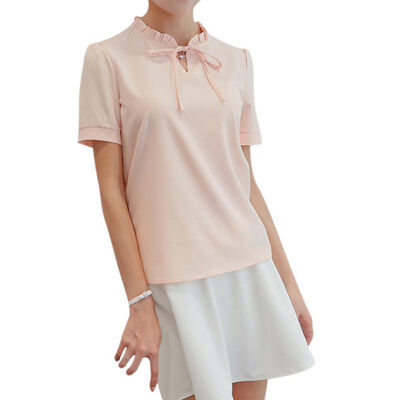 

Hot Sale Stylish Plus Size Slim Solid Color Chiffon Shirts Lady Office Stand Ruffed Lace Neck Blouses Korean version