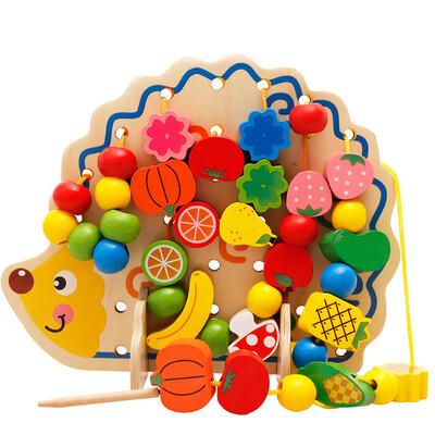 

Kids Educational Wooden Fruits&Vegetables Lacing Stringing Beads Toys with Hedgehog Board