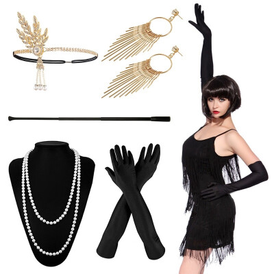 

5PCS 1920s Accessories Flapper Set for Women Costume Accessories Including Headband Gloves Necklace Cigarette Rod Earing