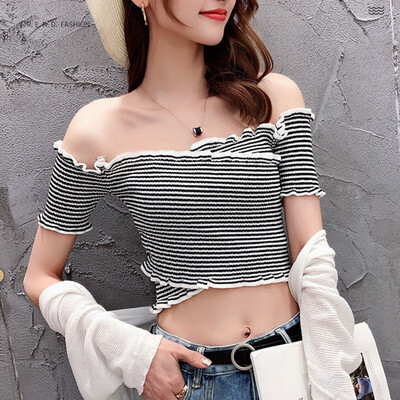 

Elegant Solid Off Shoulder Cropped T-shirt Women Summer Short Sleeve Ruffles T-Shirt Top Ladies Elastic Knitted Short Tee Top