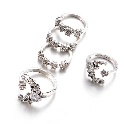

5 Pcsset Bohemia Crystal Moon Star Simple Hollow Punk Personality Silver Color Open Ring Set Women Wedding Anniversary Gift