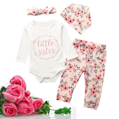 

4PC Newborn Baby Girl Kid Top Romper Floral Pants Headband Outfit Set Clothes US